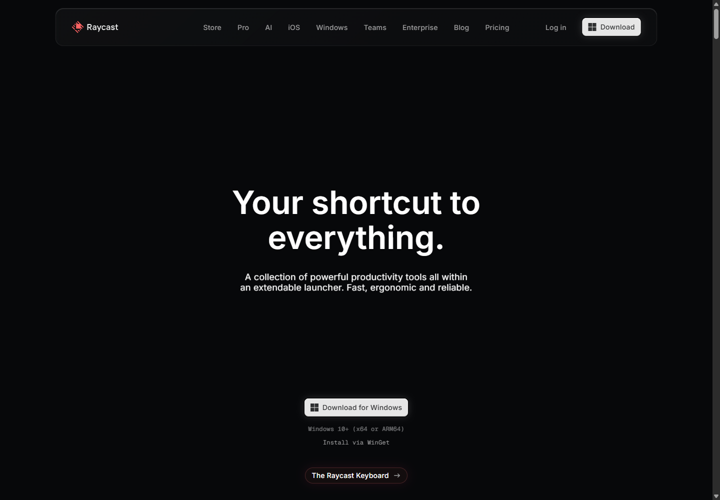 Raycastの公式サイト画面